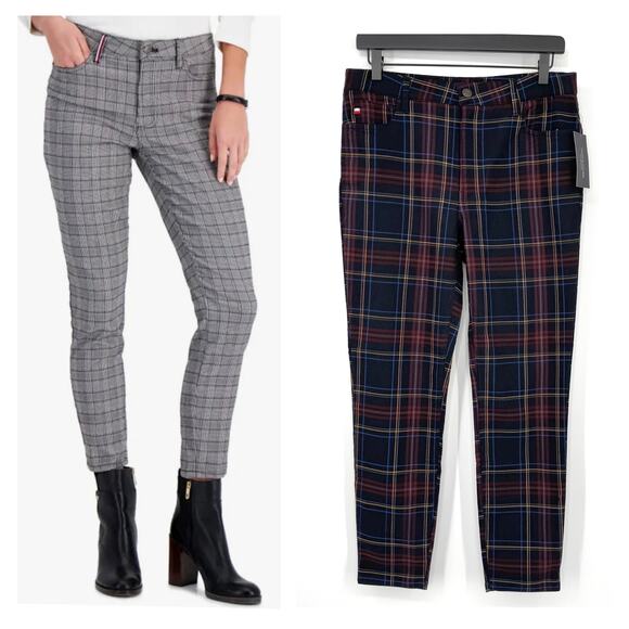 Tommy Hilfiger Tartan Plaid Ankle Pants Size 8 Black Red Stretch Academia Prep - Picture 1 of 9